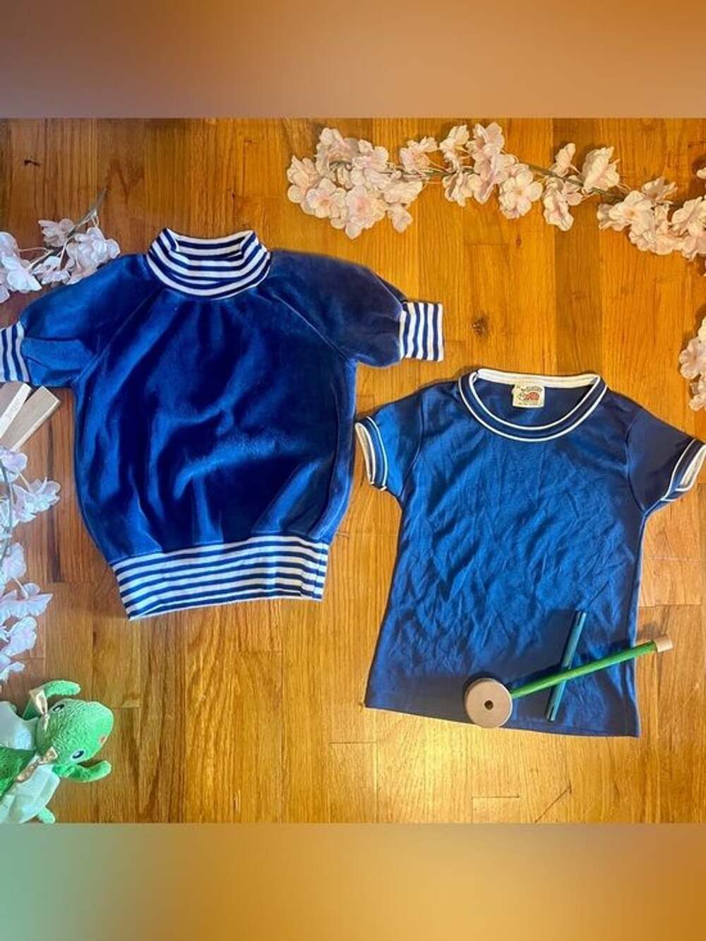 American vintage 70s Kids Navy Blue Short Sleeve Tops with Stripe Trim 5T